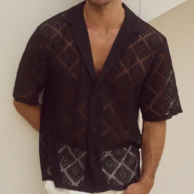 Men Summer Casual Hollow Breathable Short-Sleeved Cotton Blend Cardigan Shirt