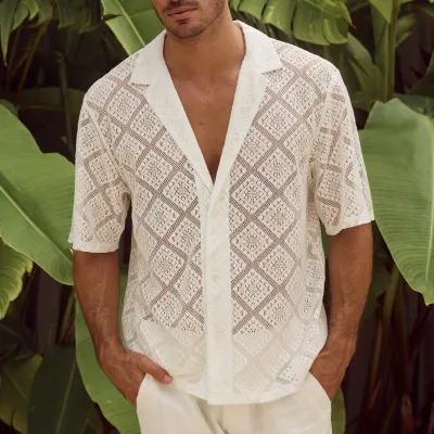 Men Summer Casual Hollow Breathable Short-Sleeved Cotton Blend Cardigan Shirt