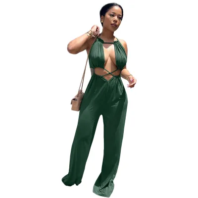 Women Fashion Sexy Irregular Solid Color Hollow-Out Lace-Up Loose Wide Leg Jumpsuits