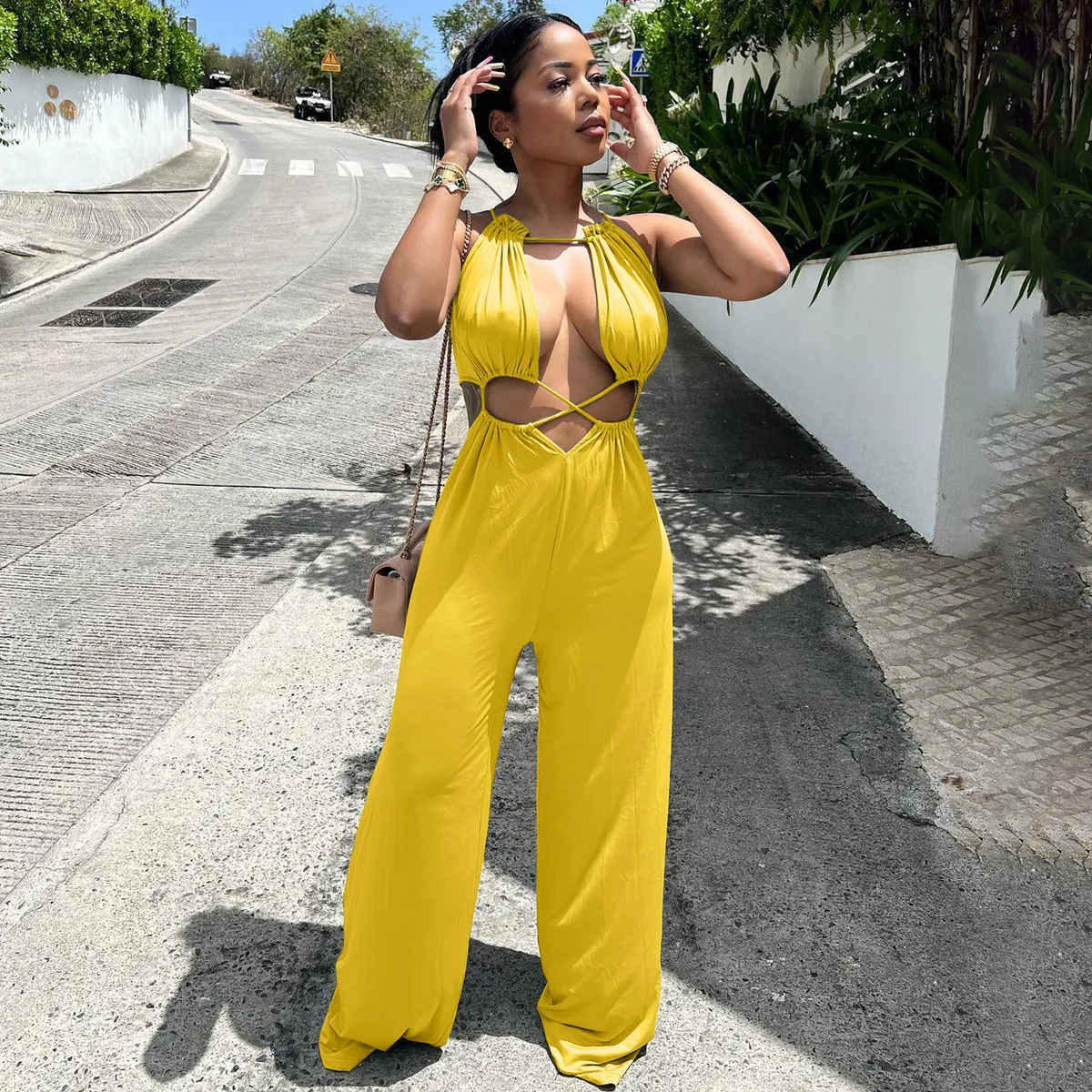Women Fashion Sexy Irregular Solid Color Hollow-Out Lace-Up Loose Wide Leg Jumpsuits