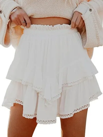 Women Casual Boho Pleated Layered High Waist Mini Skirt