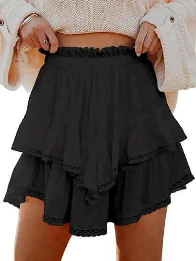 Women Casual Boho Pleated Layered High Waist Mini Skirt