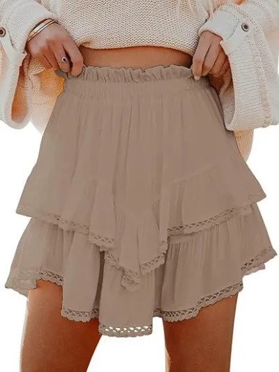 Women Casual Boho Pleated Layered High Waist Mini Skirt