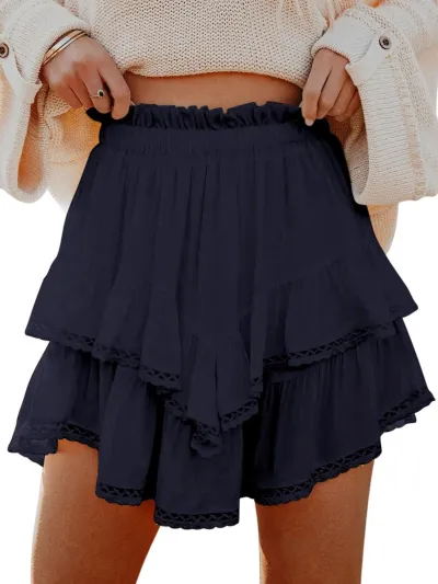 Women Casual Boho Pleated Layered High Waist Mini Skirt