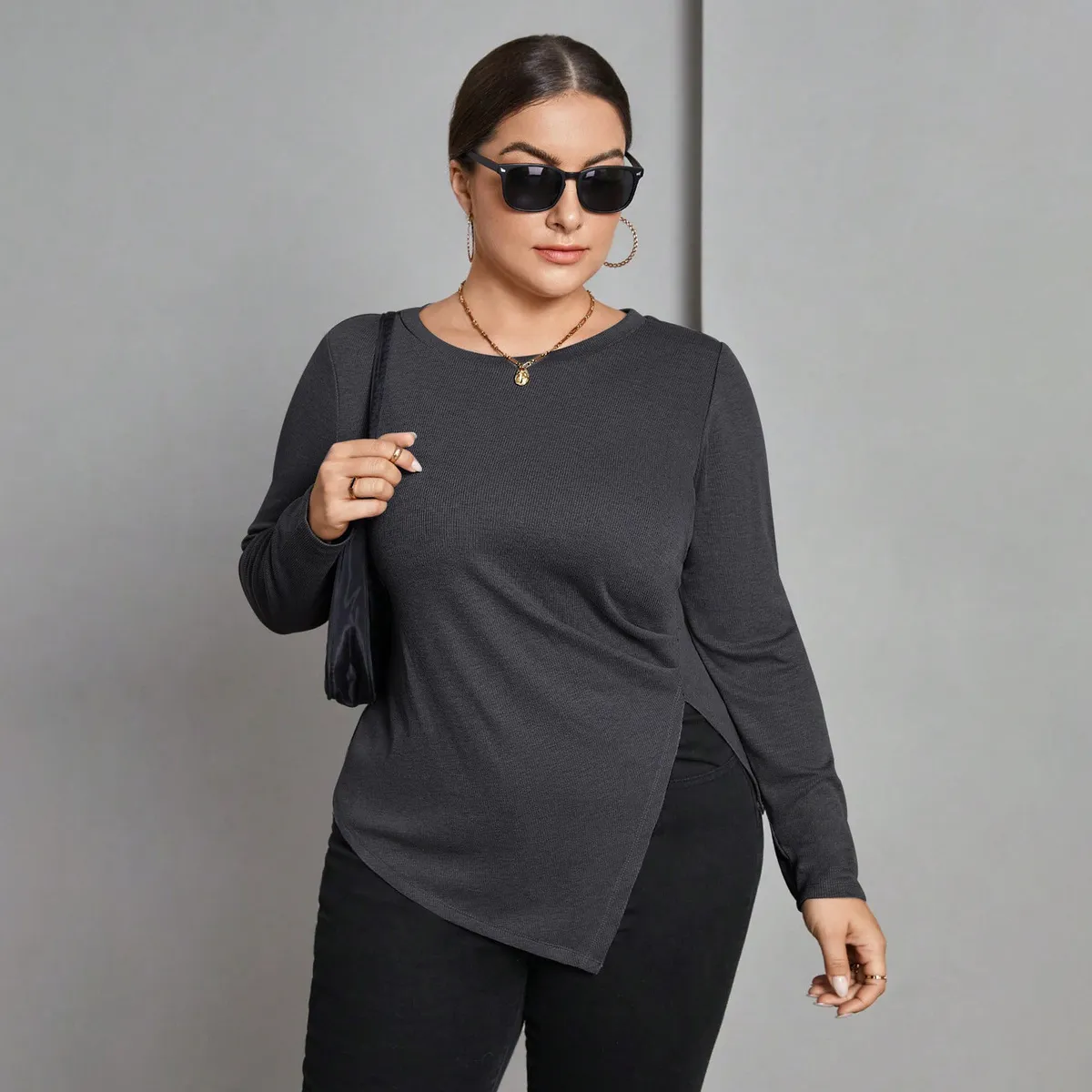 Women Casual Irregular Split Plus Size Long-Sleeve T-Shirt