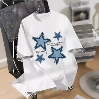 Women Casual Retro Five-Star Printed Short-Sleeve Loose T-Shirt