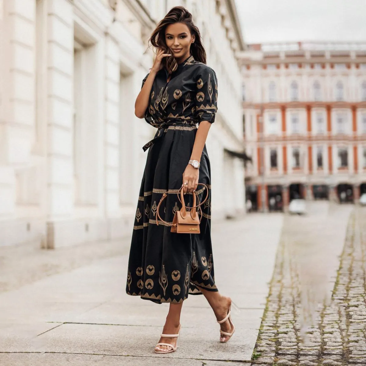Women Casual Linen Lace-Up Dress Retro Style High Waist Maxi