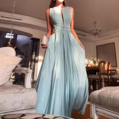 Women Sexy Solid Color Pleated Lace-Up Sleeveless Backless Slim-Fit Maxi Dress