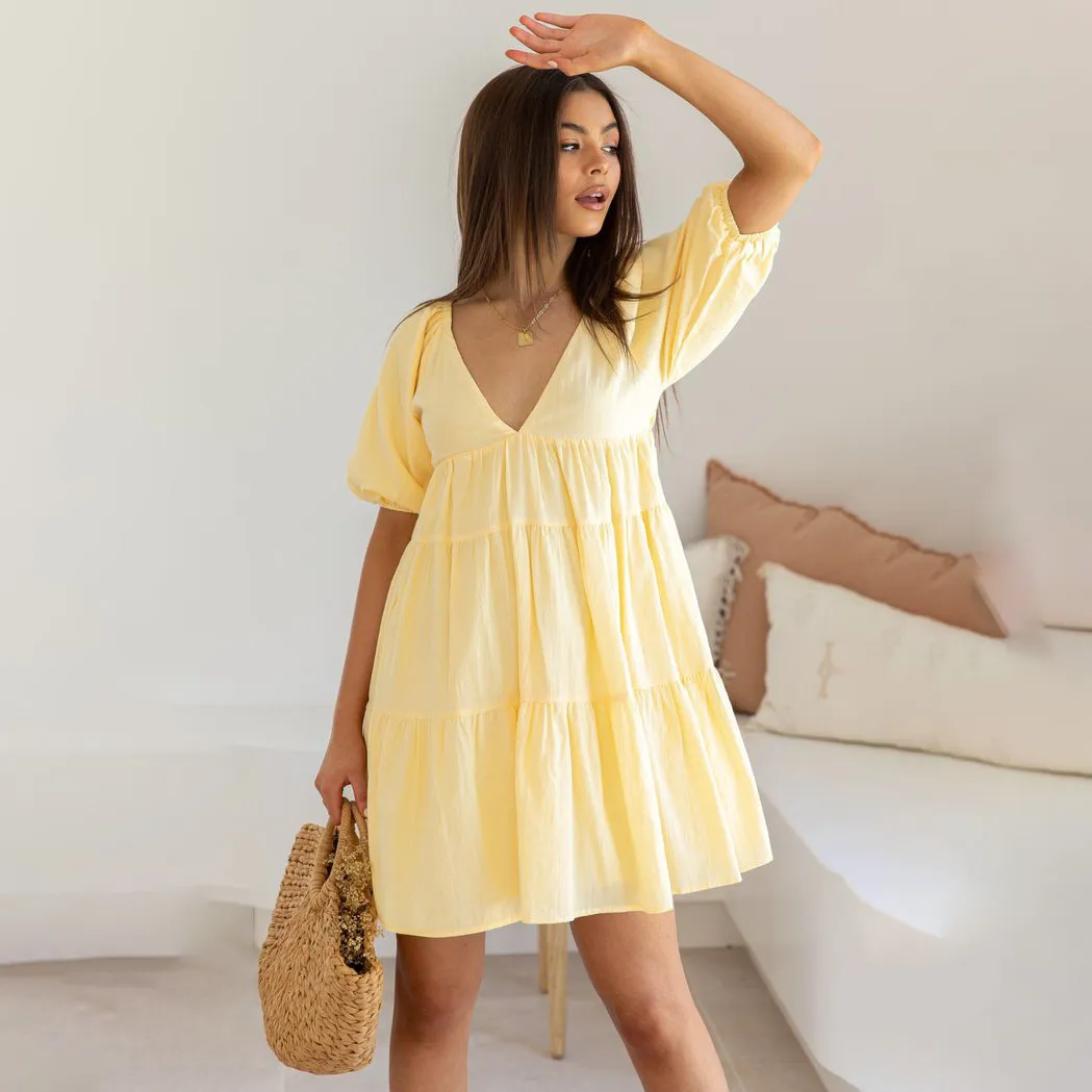 Women Casual Solid Color V-Neck Loose Waist Puff Sleeve Dress