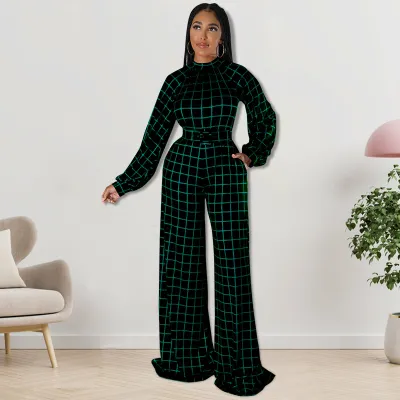 Women Casual Grid Printed Plus Size Long Sleeve Jumpsuit
