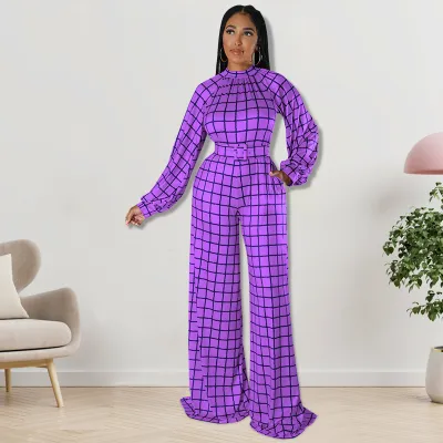 Women Casual Grid Printed Plus Size Long Sleeve Jumpsuit