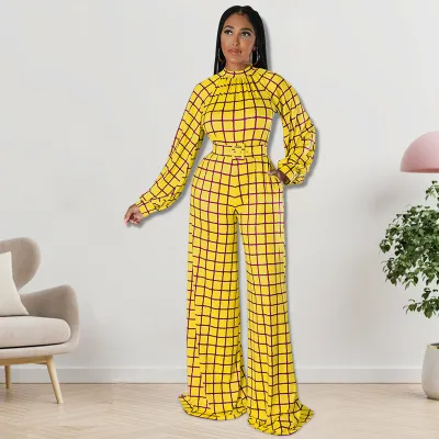 Women Casual Grid Printed Plus Size Long Sleeve Jumpsuit