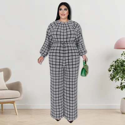 Women Casual Grid Printed Plus Size Long Sleeve Jumpsuit