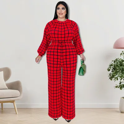 Women Casual Grid Printed Plus Size Long Sleeve Jumpsuit