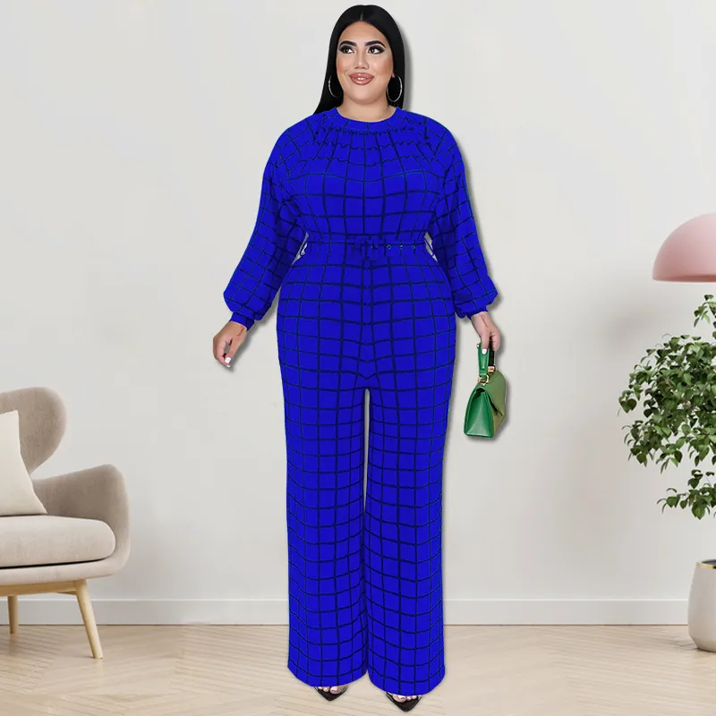 Women Casual Grid Printed Plus Size Long Sleeve Jumpsuit