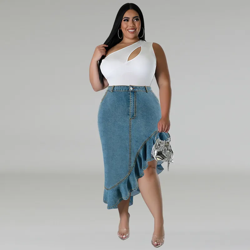 Women Plus Size Irregular Ruffled Denim Skirt Street Hipster Long Dress