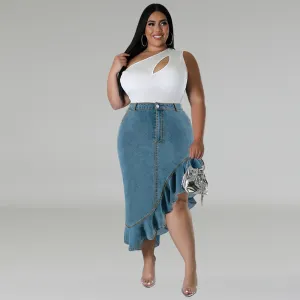 Women Plus Size Irregular Ruffled Denim Skirt Street Hipster Long Dress