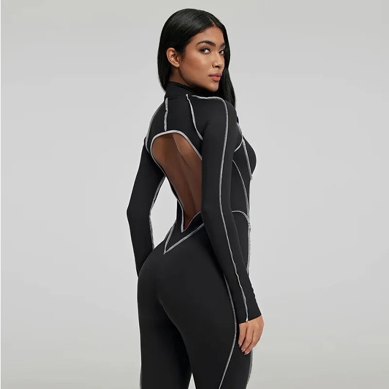 Women Fashion Sexy Color Block Stripe Long Sleeve Backless Zipper Jumpsuit