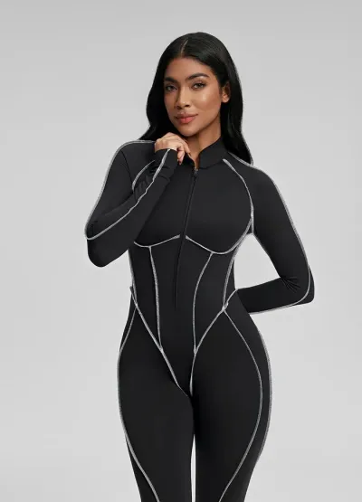 Women Fashion Sexy Color Block Stripe Long Sleeve Backless Zipper Jumpsuit