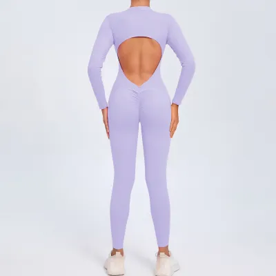 Women Solid Color Zipper Long-Sleeve Backless Yoga Sports Jumpsuit
