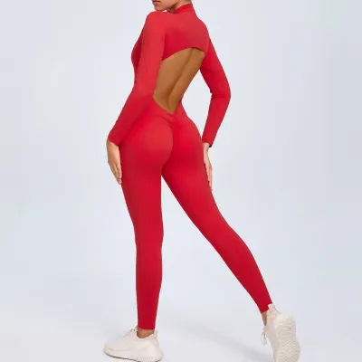 Women Solid Color Zipper Long-Sleeve Backless Yoga Sports Jumpsuit