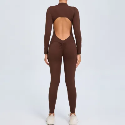 Women Solid Color Zipper Long-Sleeve Backless Yoga Sports Jumpsuit