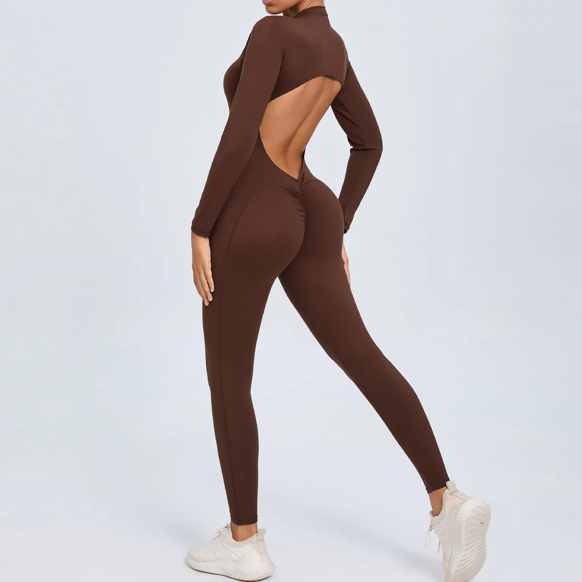 Women Solid Color Zipper Long-Sleeve Backless Yoga Sports Jumpsuit