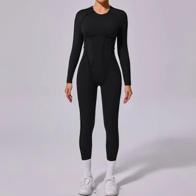 Women Solid Color Long-Sleeve Backless Yoga Jumpsuit