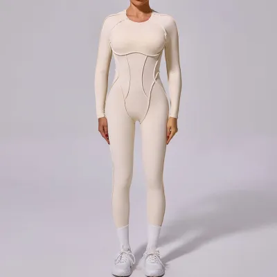 Women Solid Color Long-Sleeve Backless Yoga Jumpsuit