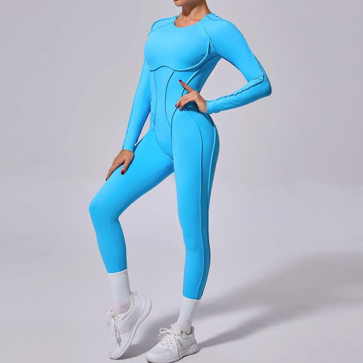 Women Solid Color Long-Sleeve Backless Yoga Jumpsuit