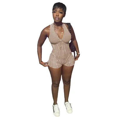 Women Fashion Sexy Casual V-Neck Rib-knit Sleeveless Zipper Tight Rompers