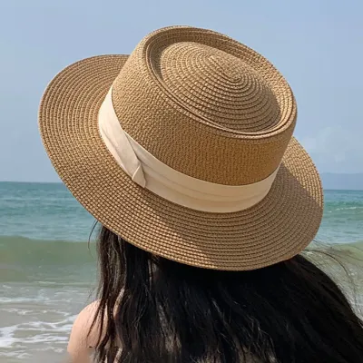 Sombrero de paja plano para playa, informal, a la moda para mujer