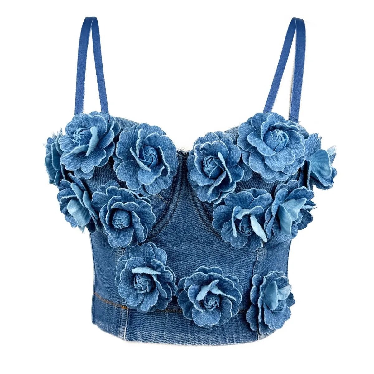 Women Fashion Sexy Handmade Beaded Floral Denim Corset Camisole Tank Top