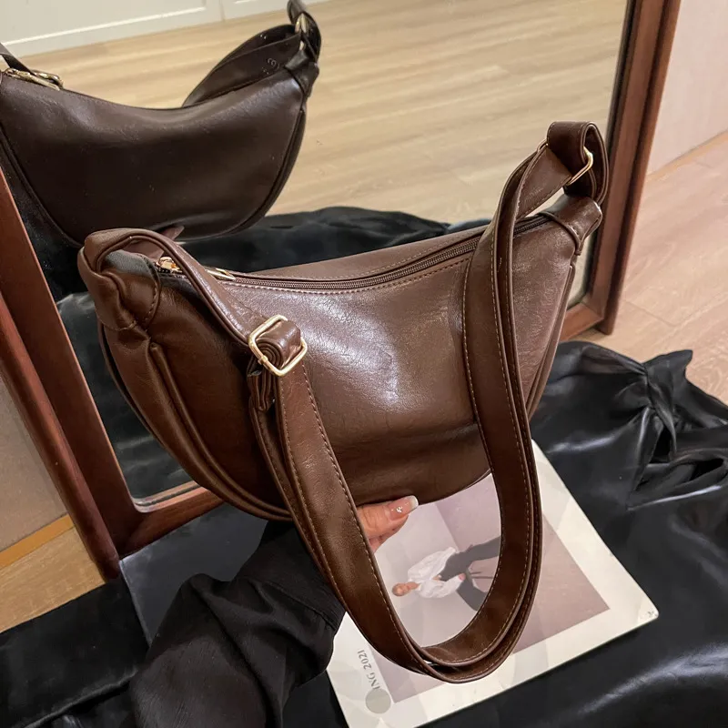 Women Fashion Retro Solid Color PU Dumpling Shoulder Bag Soft Zipper