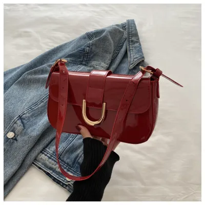 Women Fashion Retro Solid Color Bright PU Leather Shoulder Bag Underarm Bag