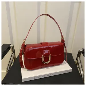Women Fashion Retro Solid Color Bright PU Leather Shoulder Bag Underarm Bag