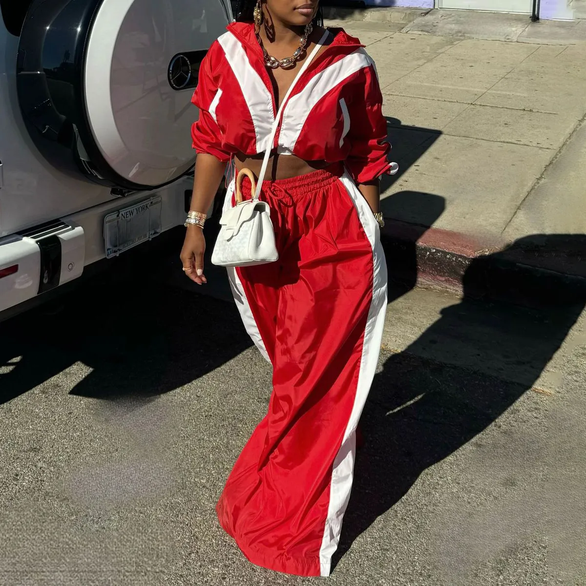 Women Casual Stitching Woven Lapel Long-Sleeve Jacket Loose Pants Two-Piece Set
