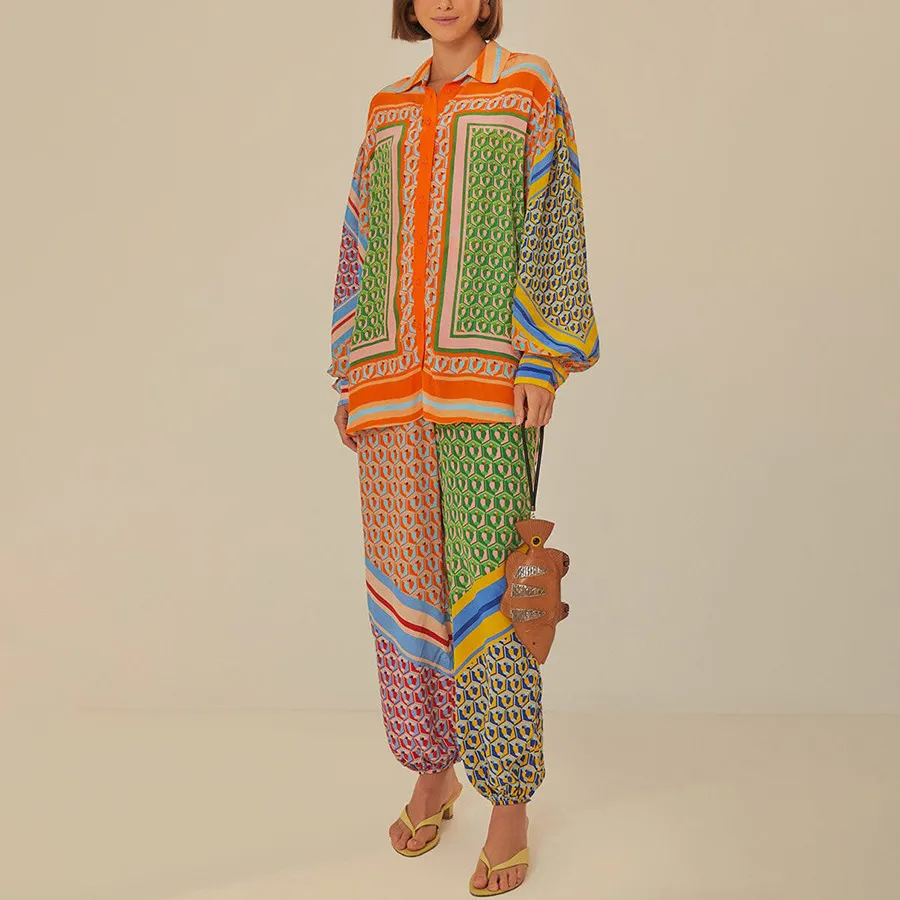 Women Casual Geometric Print Lapel Long-Sleeve Top Loose Pants Two-Piece Set