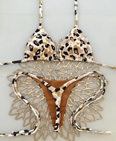 Women Fashion Sexy Leopard Printed Halter-Neck Lace-Up Bikini Swimsuit