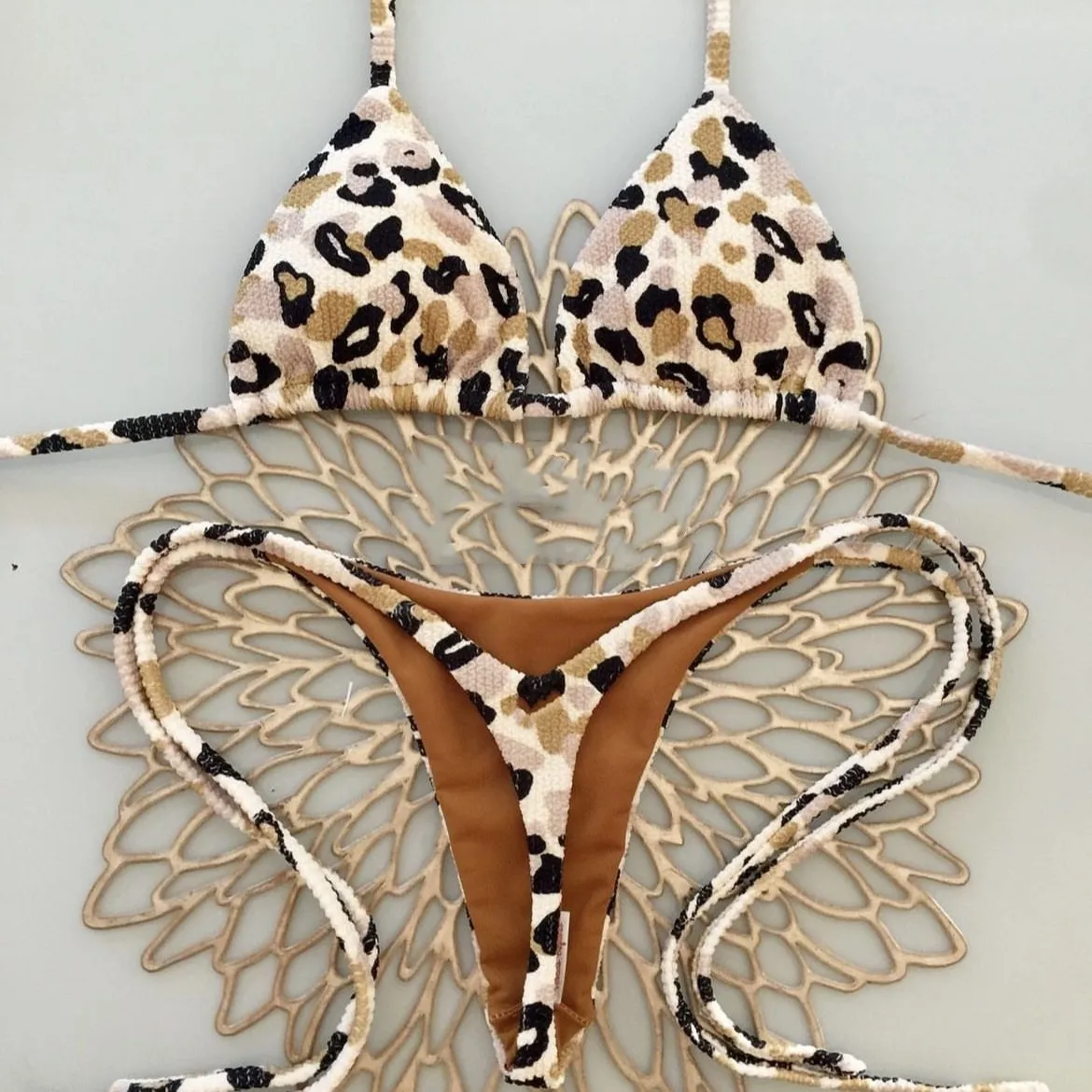 Women Fashion Sexy Leopard Printed Halter-Neck Lace-Up Bikini Swimsuit