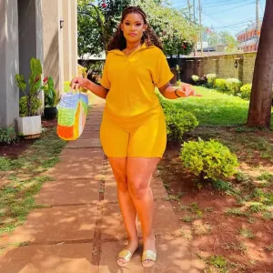 Women Fashion Casual Solid Color Lapel Short Sleeve Top Tight Shorts Two-Piece Set
