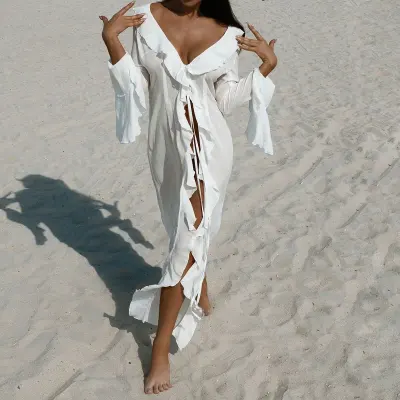 Women Fashion Sexy Solid Color Long Sleeve Ruffled Sunscreen Swimsuit Cover-Up