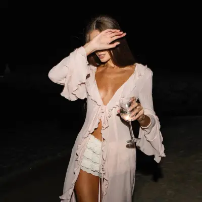 Women Fashion Sexy Solid Color Long Sleeve Ruffled Sunscreen Swimsuit Cover-Up