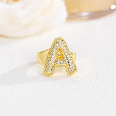 Women Fashion 26 Alphabet Gold Plated Copper Zircon Ring