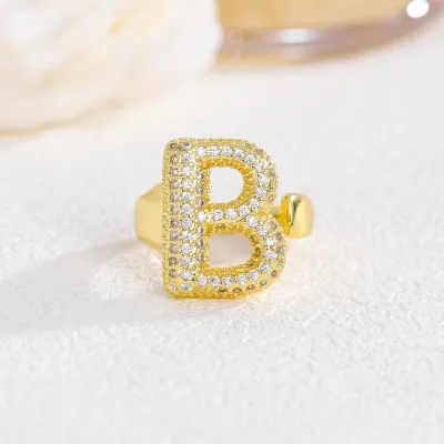 Women Fashion 26 Alphabet Gold Plated Copper Zircon Ring