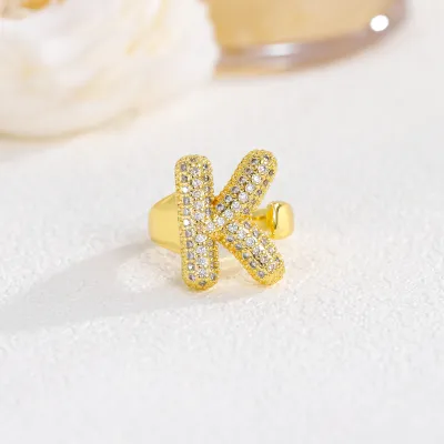 Women Fashion 26 Alphabet Gold Plated Copper Zircon Ring
