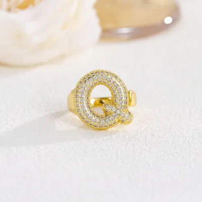 Women Fashion 26 Alphabet Gold Plated Copper Zircon Ring