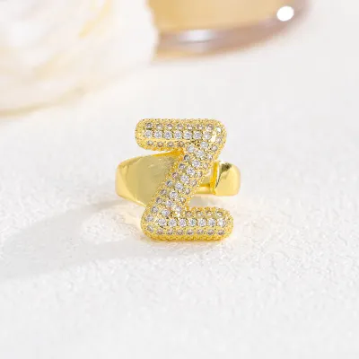 Women Fashion 26 Alphabet Gold Plated Copper Zircon Ring