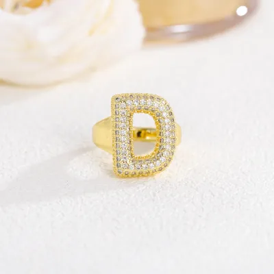Women Fashion 26 Alphabet Gold Plated Copper Zircon Ring