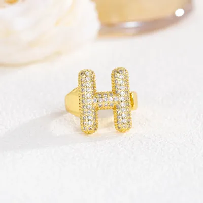 Women Fashion 26 Alphabet Gold Plated Copper Zircon Ring
